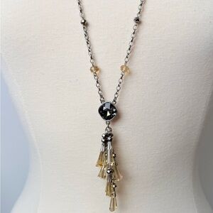 JNY Long Tassel Necklace | Sparkling Crystal Pendant | Silver Tone